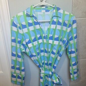 Geometric Blue and Green Long Sleeve Dress